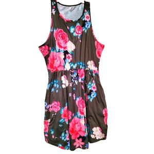 OM green floral mini relaxed fit dress w / pockets